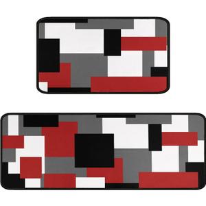 Red Black White Geometric Patterns Kitchen Rugs and Mats Set of 2,Modern Decoration Style Kitchen Mat Non-Slip Absorbent Mats for Sink Waterproof Runner Rug for Laundry Room 17x30+17x48inch (Red Aztec)
