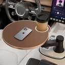 Car Tray Cup Holder Desk, 360 Rotating PU Leather Food Car Table - Steering Wheel Tray Road Trip Essentials Accessories for Tesla Model Y/3/S, Ford F150 Most Vehicles