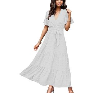 kinstell Women's 2025 Floral Summer Dress Wrap V Neck Short Sleeve Belted Ruffle Hem ALine Bohemian Maxi Dresses BIvory Large