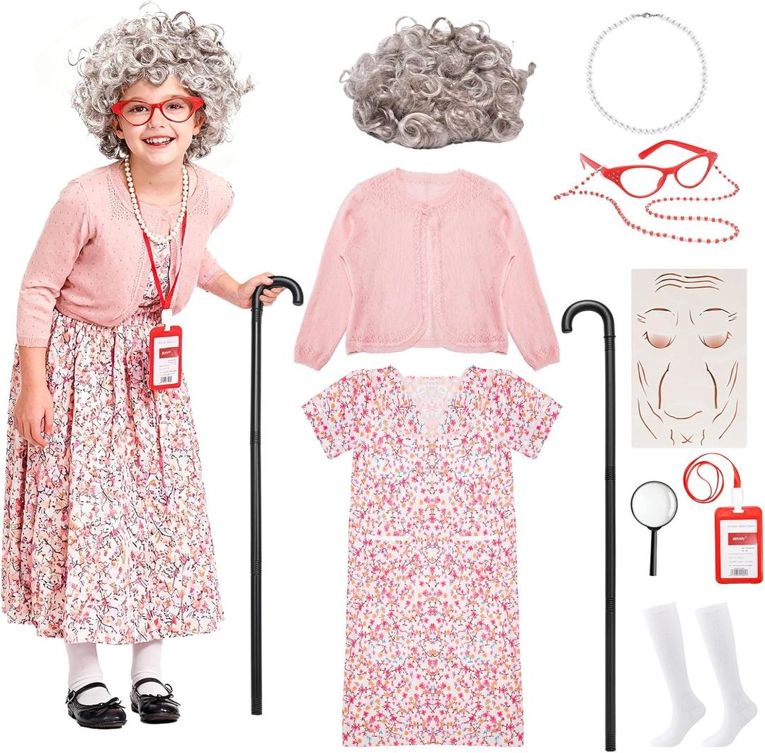Skirfy Old Lady Costume for Kids, 100 Days of School Granny Outfit Kit with Wig, Cane and Other Dress Up Accessories (M(4.4-4.7ft,Age 6Y-8Y))