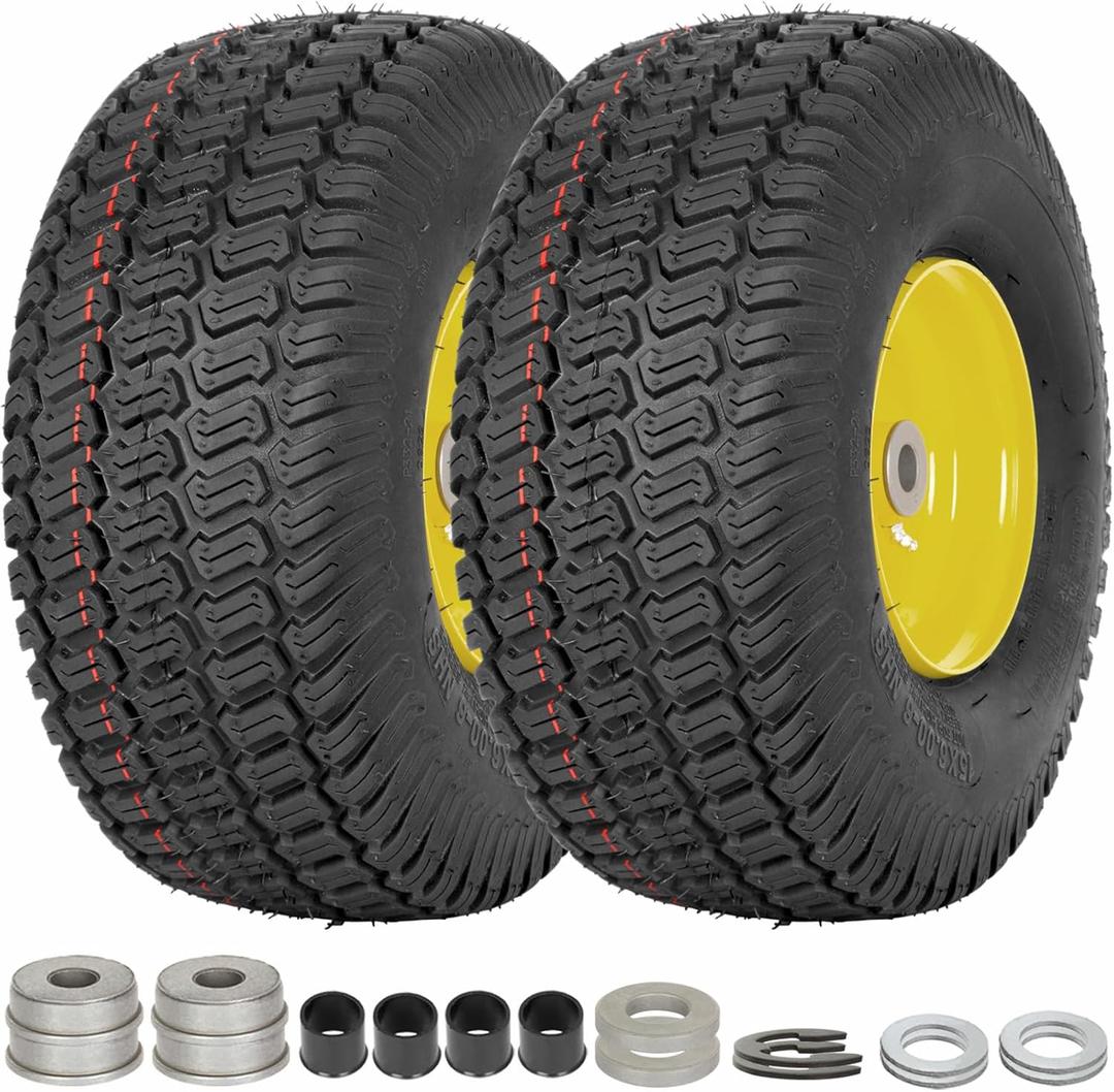 (2 Pack) WEIZE 15x6.00-6 Tubeless Tire and Wheel Assembly, Replacement Lawn Mower Front Tires, Compatible with John Deere Riding Mowers 100 and 300 Series, 3" Offset Hub, 3/4" or 5/8" or 1/2" Bushing (Yellow)