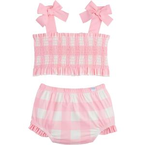 Mud Pie Girls Children's Smocked Bow 2pc (2T, Pink Check)