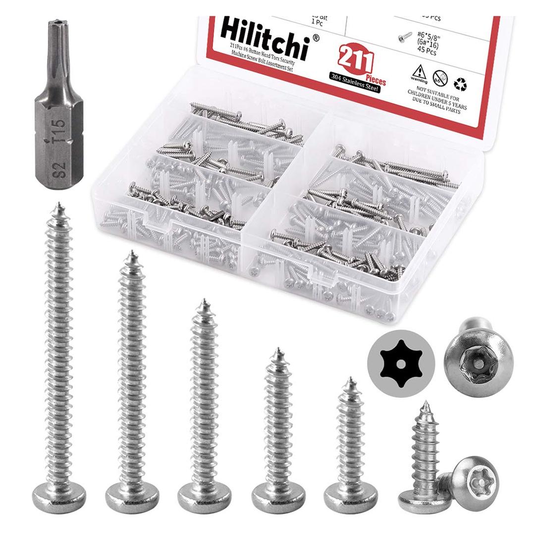 Hilitchi 210 Pcs #6 Stainless Steel Button Head Torx Sheet Metal Screws Silver Security Anti-Theft Tamper Proof Screws Assortment Kit with Screwdriver Bit T15 (#6 x 1/2" ~ #6 x 1-1/2")