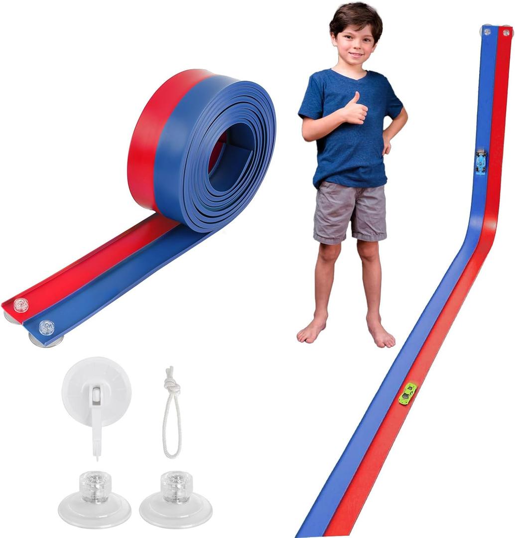 Flexible Race Car Track 15 Ft Starter Set with Suction Cups Compatible with Diecast 1/64th Car for Ages 3 & Up Classic Blue and Red Double Track Long Rolls Up Portable Racetrack