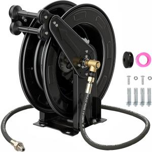 Retractable Pressure Washer Reel Fits 3/8" x 50 ft Hose,Only Reel | 4000 PSI,Automatic Rewind,Heavy Duty Steel, Wall/Floor Mounted, with 5 ft Lead for Air/Oil/Water