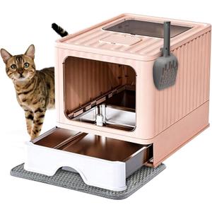 Stainless Steel Cat Litter Box With Lid, Top & Front Entry Enclosed Metal Litter Box, Large Covered Drawer Type Foldable Cat Litter Pan With Litter Scoop & Mat, Easy to Clean,Odor Control (Pink)