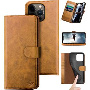 DuckSky for iPhone 14 Pro Max 6.7" Genuine Leather Wallet caseRFID Blocking4 Credit Card HolderReal Leather Flip Folio Book Protective Cover Women Men for Apple 14 ProMax 5G Phone case Khaki