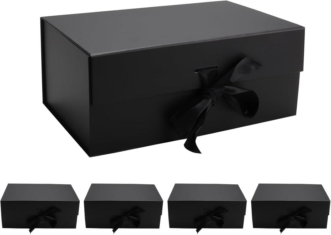 kaxilu Black Gift Boxes with Ribbon Foldable Gift Boxes Set of 5 Magnetic Presentations and Groomsmen Proposal, Glossy Finish,10.2x6.7x4.3 Inches