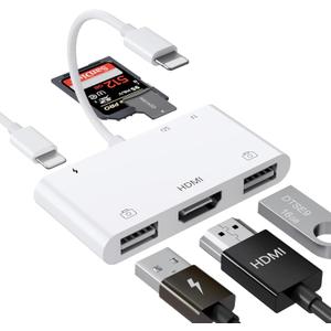 Lightning to HDMI Adapter with USB Camera and Charging Port, SD Card Reader for iPhone, 6 in 1 Camera Adapter to iPhone, Supports MIDI Keyboard, Mouse, HD TV/Projector/Monitor, Plug & Play
