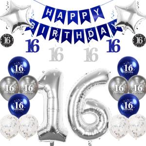 2 x Silver 16th Birthday Decorations Kit for Teens, Includes 32 Inch Number 16 Foil Balloon, Swirl Decorations, Happy Birthday Banner, Star Foil & 12pcs Confetti Balloons for Sweet Sixteen Party