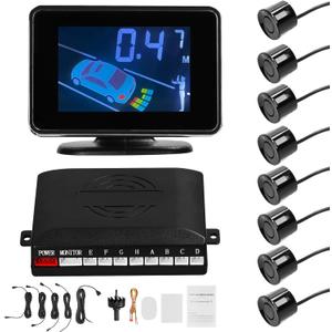 Car Reverse Backup Parking Sensor Radar System, 8 Parking Sensors Kit with Front & Rear Sound Warning Buzzer Mute LCD Distance Display Volumes (Black)