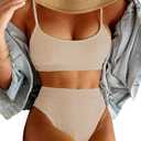 Lilosy High Waisted Tummy Control Ribbed Bikini Crop Top Brazilian Swimsuit, M