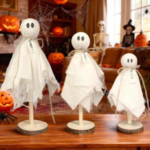 Novelty Place Ghost on Wooden Stand Halloween Decorations Set of 3 Spooky Ghost Cute Fabric Shelf Sitters, Farmhouse Table Centerpiece for Tiered Tray, Mantel, Kitchen & Indoor Halloween Home Decor