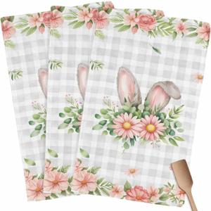 Pink Floral Easter Kitchen Towel Dish Cloths Set of 3, Microfiber Soft Kitchen Hand Towels, Spring Flowers Grey Plaid Pastoral Absorbent Quick Drying Dishcloths 18 x 28 Inches