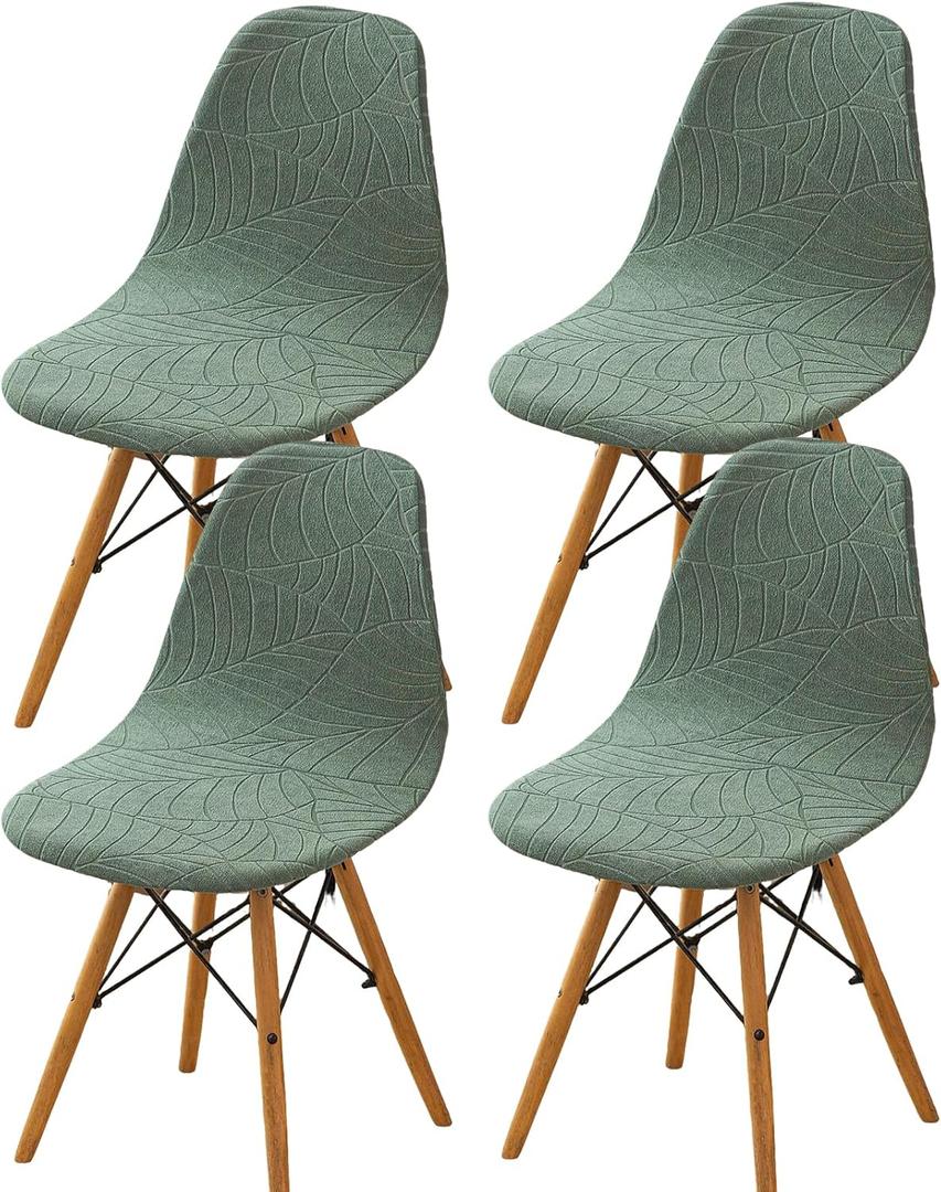 Dining Chair Covers Set of 4, Mid Century Modern Dining Room Chair Covers Jacquard Shell Chair Cover, Stretchable Armless Chair Slipcover for Kitchen, Office, Dining Room and Living Room (Leaf Green)