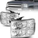 Front Headlight Assembly For 2007-2013 Chevy Silverado 1500 & 2007-2014 Chevy Silverado 2500 3500 Pickup - Replacement Headlamp, Front Bumper Lights (Chrome)