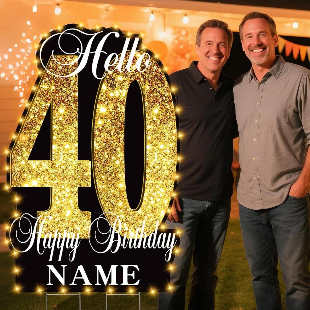 40th Birthday Decorations 40 Inch Extra Large Yard Sign with LED Lights, Personalized Name Lawn Sign Outdoor Waterproof Gold Pastel Decor with Stakes for Men Women Party