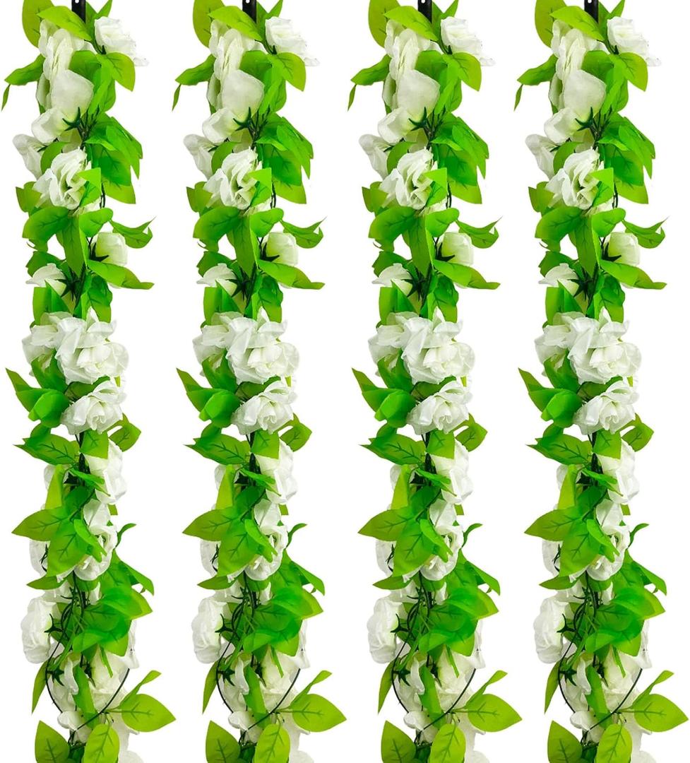 8Pcs 60Ft White Rose Garland, Fake Flower Vines, Artificial Vine Flowers, Rose Hanging Garland for Party Wedding, Garden, Room Table, Christmas, Backdrop Wall Arch Decor