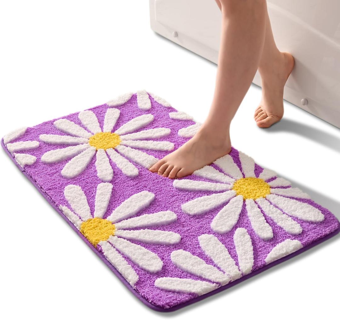 QJHOMO Purple Bathroom Rugs Cute Daisy Bath Mat White and Yellow Flower Decor Rug Non Slip Floor Carpet Microfiber Bathmat Super Absorbent Machine Washable Bathtub Mats for Shower (16x24 inch)