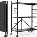Himix Storage Shelves with 6 Hooks, 3 Tier Foldable Shelf with Wheels, Metal Storage Shelving Unit Rolling Cart, Utility Shelf Rack Organization Shelves for Pantry, Kitchen, Black - No Assembly