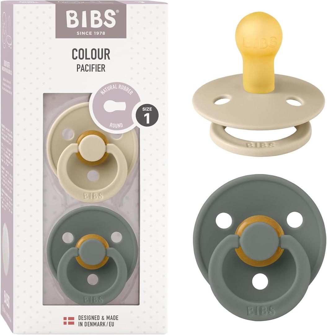 Bibs Pacifiers Color Collection, Set of 2 BPA-Free Latex Pacifiers Made in Europe, Round Nipple Baby Pacifier. (0+ Month (Pack of 2), Vanilla / Pine)