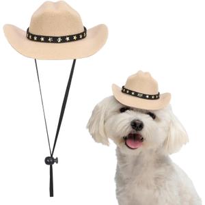 Dog Cowboy Hat, Mini Cowboy Hat for Pet with Chin Strap Adjustable Cosplay Cap, (Khaki, M), Intended for Dogs and Cats/Halloween Costume/Party Decoration
