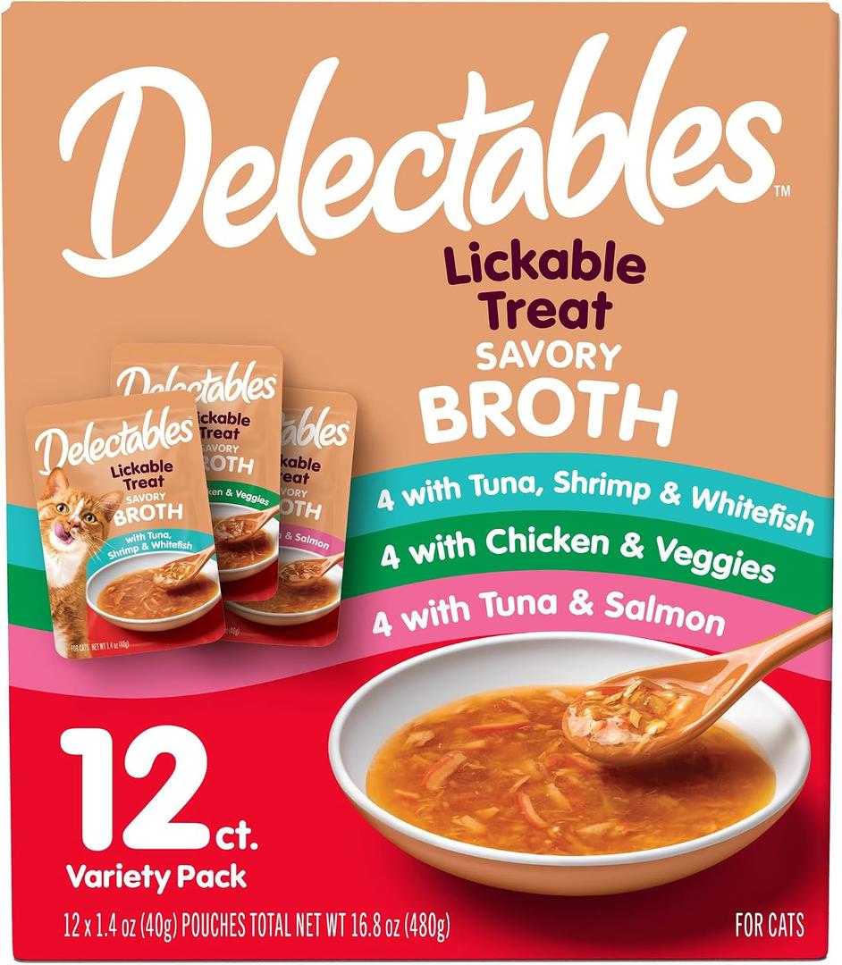 2 x Delectables Savory Broths Lickable Wet Cat Treat Variety Pack, 12Count(Pack of 1) (EXP 04/21/28)