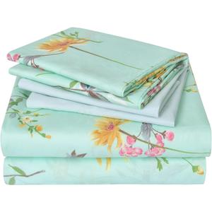JSD 6 Piece Green Floral Sheet Set King Size, Soft Botanical Printed Microfiber Bed Sheets Extra Deep Pocket