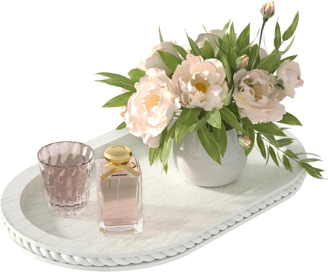 Urban Deco Oval Wooden Tiered Tray, Farmhouse Vintage Decorative Tray Stand for Coffee Table, White Serving Tray for Living Room Kitchen Home Decor - 1 Pack