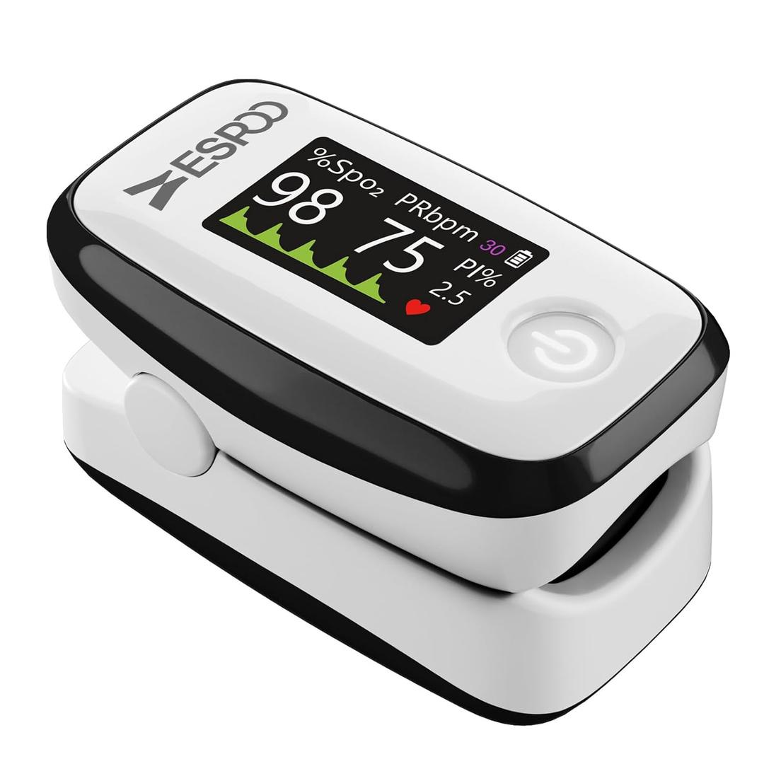 ESPOO Pulse Oximeter with 20 Memory, Oxygen Monitor Fingertip 4 Color TFT Display(SPO2), Alarm & Brightness Adjustable, Batteries & Lanyard Include(White&Black)