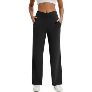 Maxbee Wide Leg Pants for Women Casual Work Pants Crossover High Waisted Yoga Pants with Pockets (Small, Black)