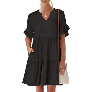 ANRABESS Womens Summer 2025 Trendy Ruffle Short Sleeve V Neck A Line Tiered Flowy Loose Casual Mini Beach Dress with Pockets