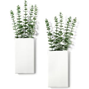 Reallnaive 2 Pack Wall Planters Indoor Plants Metal Wall Vases for Dried Flowers Artificial Plants Modern Farmhouse Vase for Living Room Bedroom Kitchen Decorations (White,Eucalyptus Leaves)