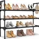 3 Tier Shoe Rack for Closet, Shoe Organizer with 5 Hooks, Long Shoe Shelf Storage for Sneaker and Boot Stackable Free Standing Shoe Rack for Entryway, Garage, Small Spaces, Dorm (Black)