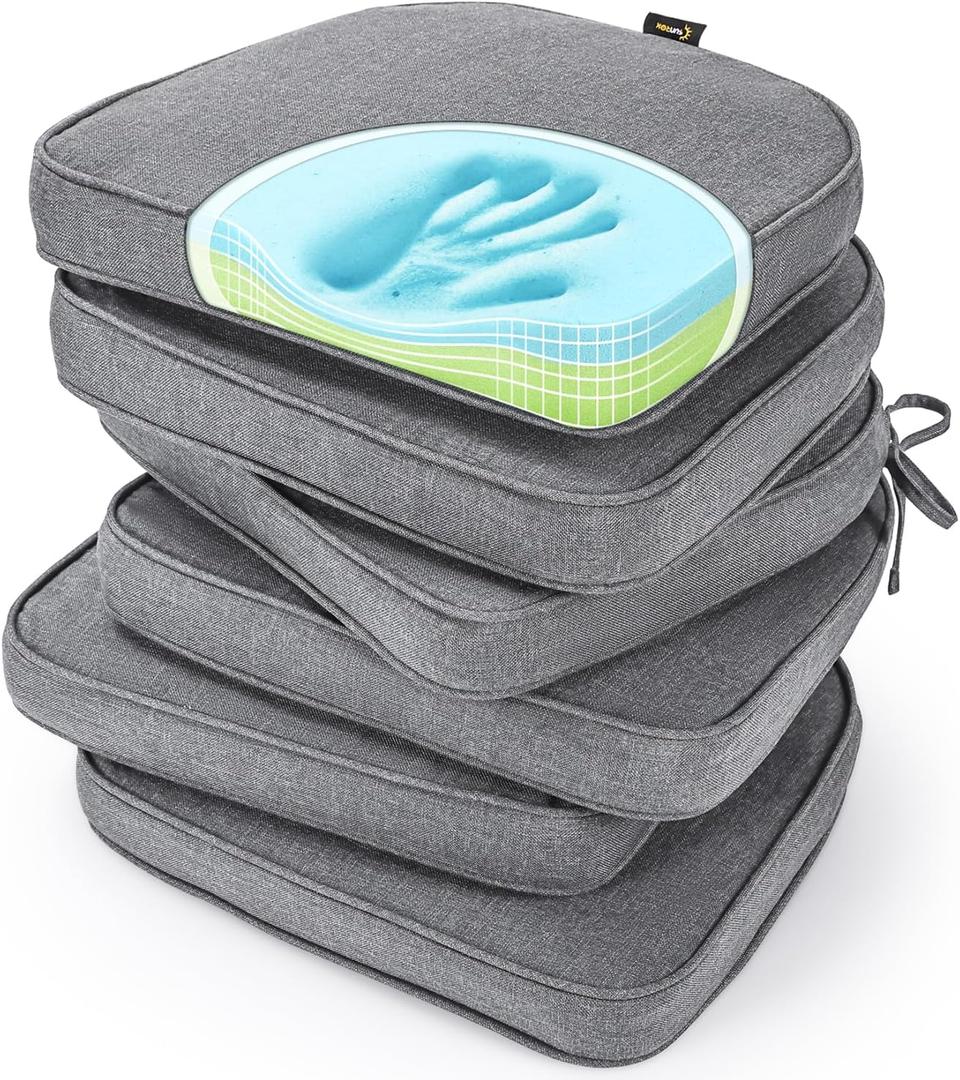SUNROX Gel Memory Foam Chair Cushions, FadeShield Water-, Stain-Resistant Durable Reversible Seat Cushion Pads with Ties for Indoor/Outdoor Kitchen Dining Office 17"x16" Set of 6, Heather Charcoal