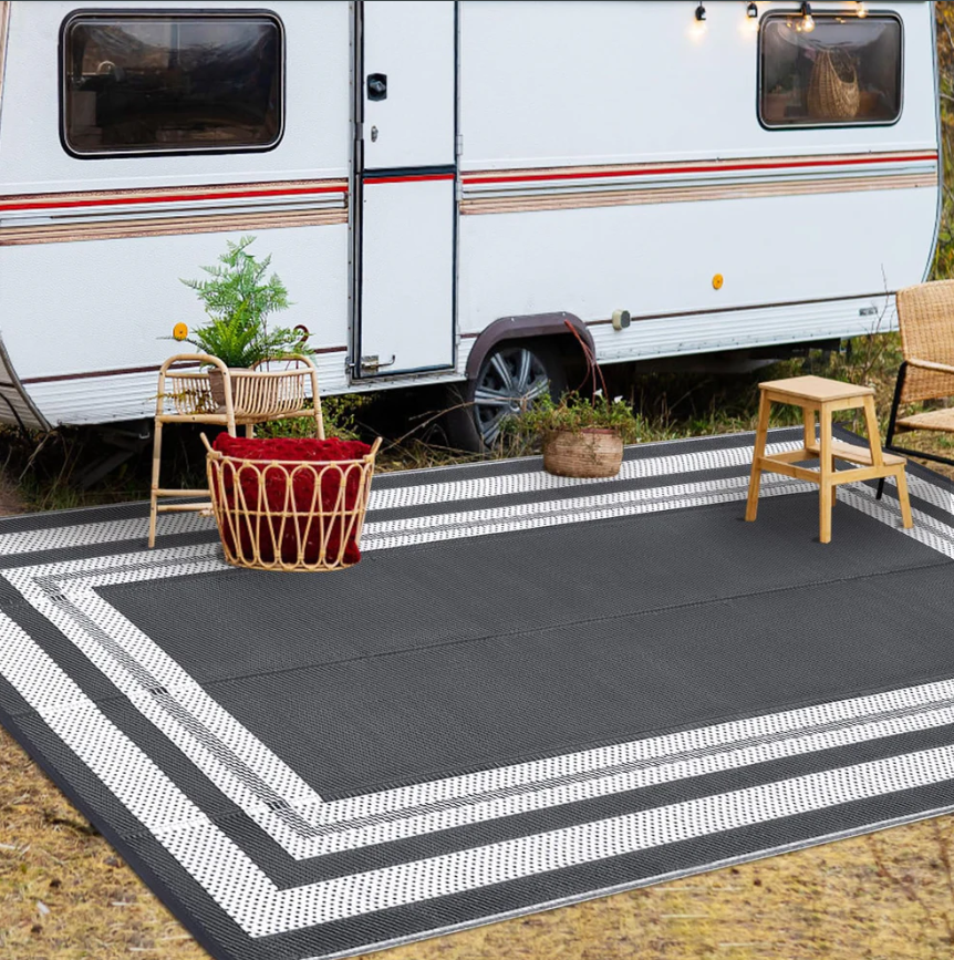 Garvee Outdoor Rug 10x14 Large Waterproof Plastic Straw Rug Reversible Portable Camping Rug Grey White Panel for Patio Porch RV Balcony