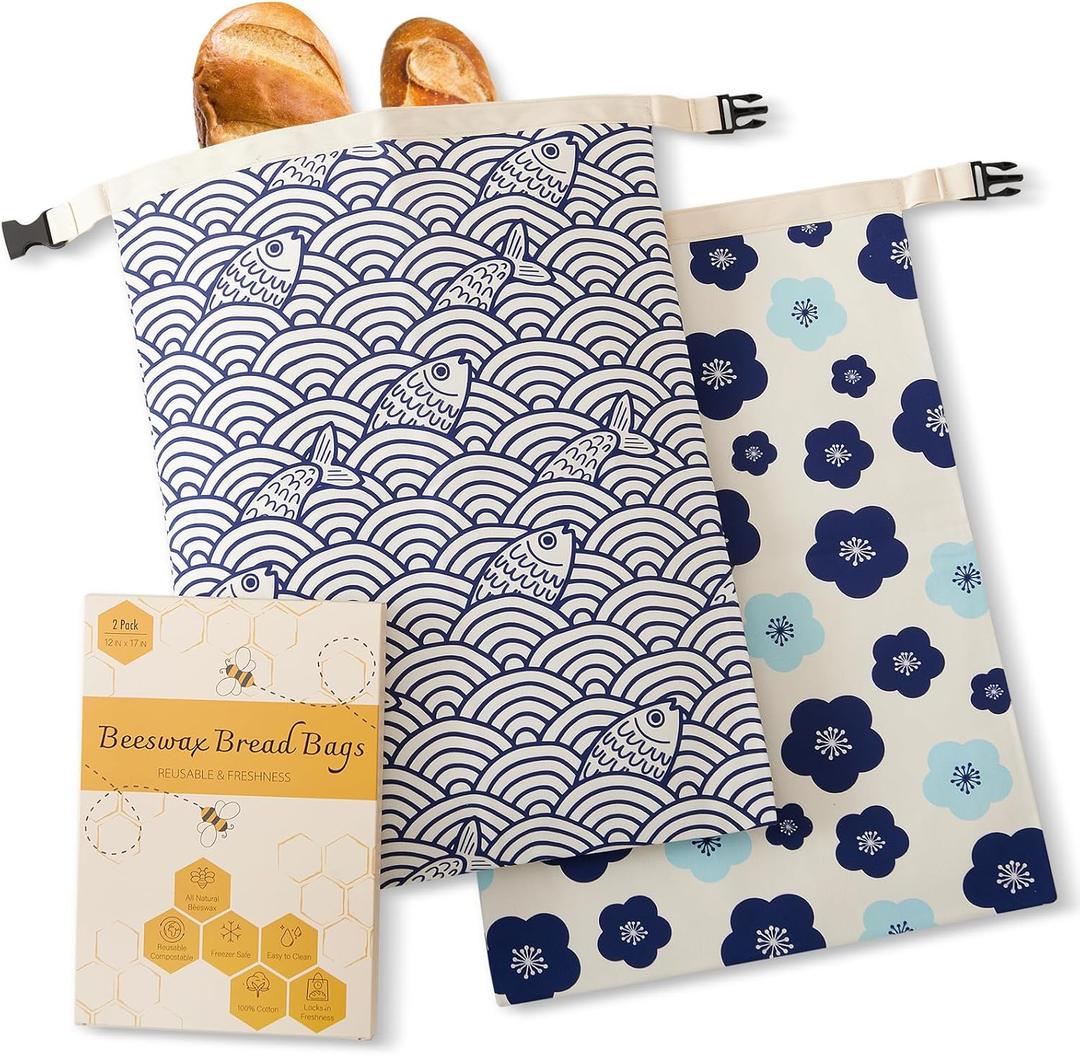 Beeswax Bread Bags for Sourdough, Reusable Bread Bags for Homemade Bread, 2 Pack Natural Cotton Beeswax Storage, Natural Cotton Beeswax Bags, Large Capacity (Dark Blue)