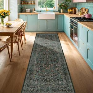 Non Slip Dark Green 2x6 Kitchen Runner Rug Washable, Long Rubber Backed Hallway Runner Rugs, Boho Vintage Floral Botanical Non Skid Carpet for Entryway, Laundry Room, Bathroom Floor Mat