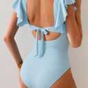 B2prity Women One Piece Swimsuit Tummy Control Ruffle Sleeve V Neck Bathing Suit Cutout Sexy High Waisted Monokini (Blue, XL)
