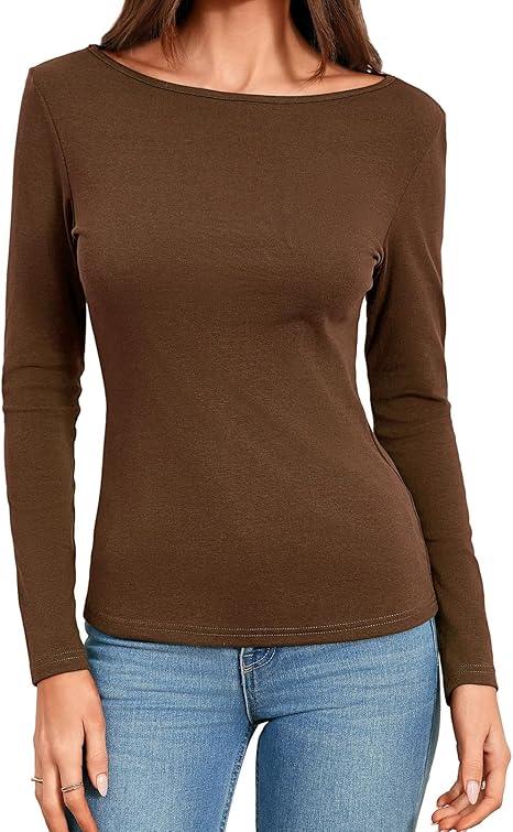 Abardsion Women Boat Neck Tops Cotton Long Sleeve Shirts Slim Fitted Fall Spring Y2K Clothes Outfits 2026 (Small, Brown)