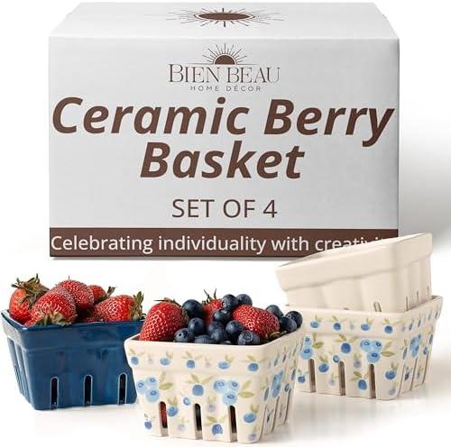 Ceramic Berry Basket, Farmhouse Colander, Farmers Market square Bowl. Rustic Kitchen decor fruit bowls, Fruit Baskets, Bleu White and Blueberry pattern Stoneware Harvest Bowls Set of 3