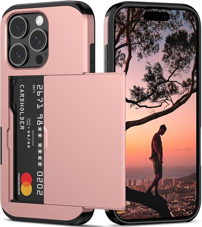 Nvollnoe Compatible with iPhone 16 Pro Case with Card Holder Dual Layer Heavy Duty Protective Shockproof Hidden Card Slot Slim Wallet Phone Cover for iPhone 16 Pro for Women & Men 6.3 inch (Rose Gold)