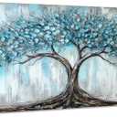 Rahieay Tree Wall Art, Turquoise Nature Tree of Life Abstract Canvas Painting Textured Painting Pictures Large Landscape Artwork for Living Room Bedroom Bathroom Office Home Decor