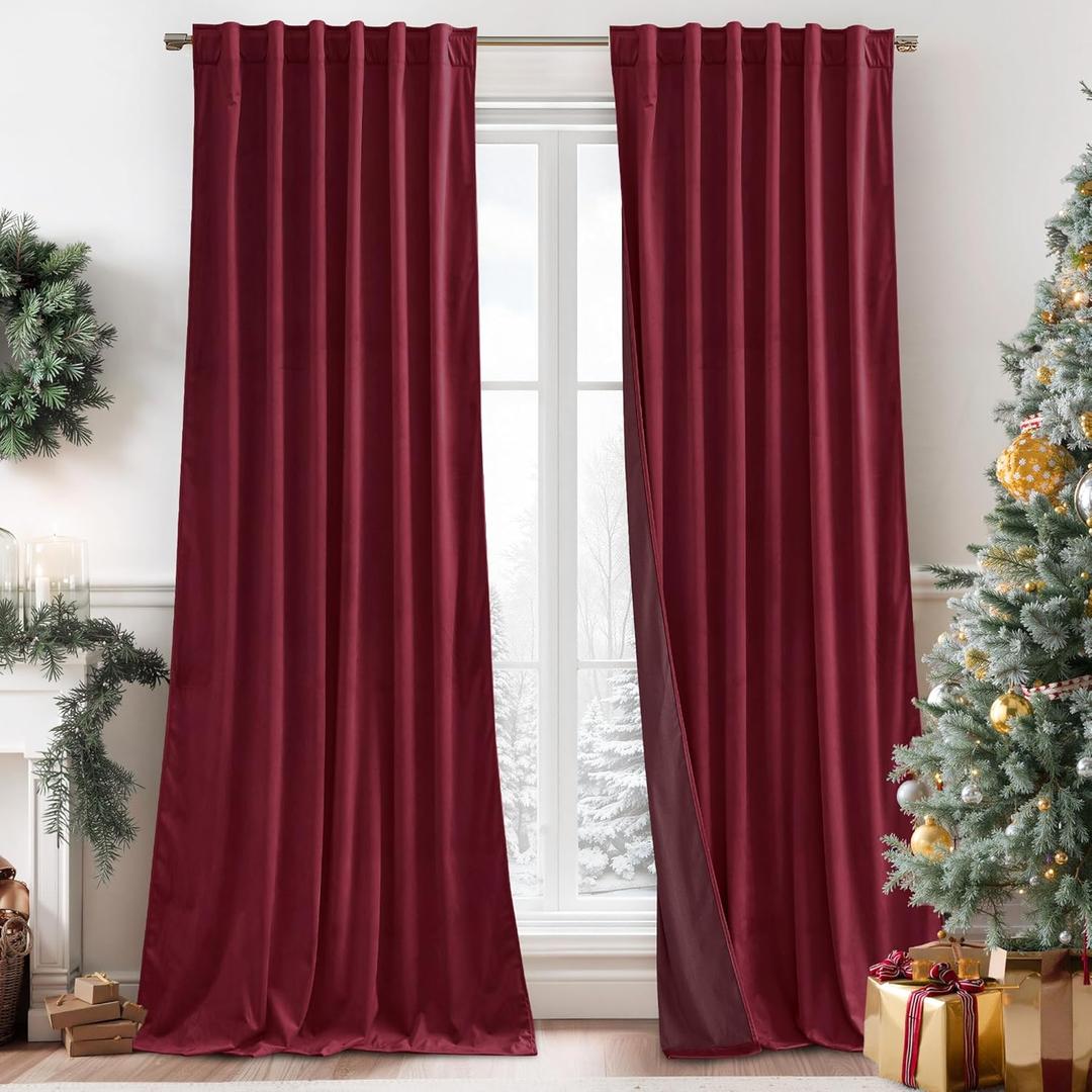 RYB HOME Burgundy Red Velvet Curtains for Christmas Decor, Soft Luxury Backdrops for Studio Theater, Back Tab Design for Bedroom Living Room, 52" W x L72 L, 2 Panels Set
