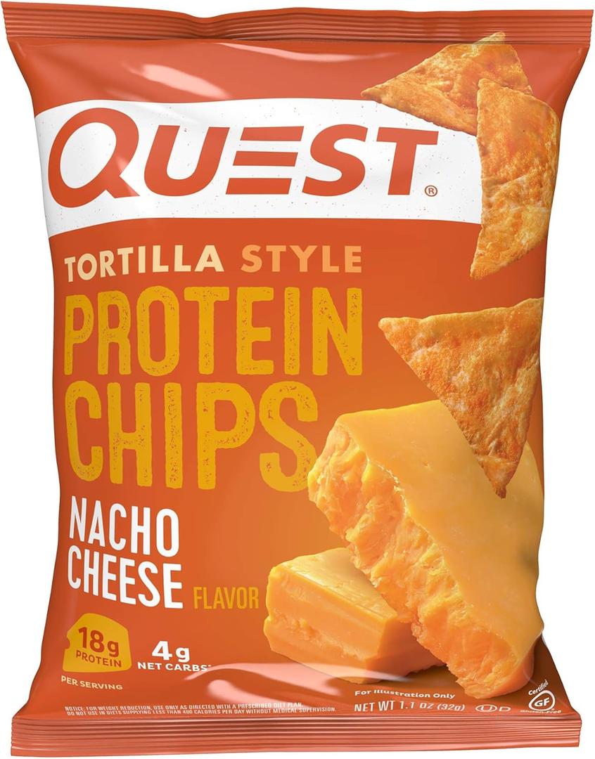 Quest Nutrition Nacho Cheese Tortilla Style Protein Chips, 18g Protein, 4g Net Carb, Gluten Free, 1.1 oz (Pack of 12)