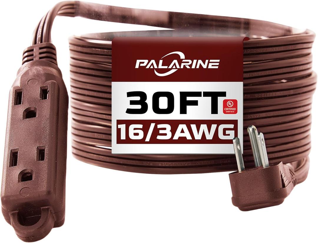 Flat Plug Extension Cord with 3 Outlets Extender, Indoor Extension Cord Power Strip, 16 Gauge 30FT Brown 3 Prong, 16/3 SPT-3 13A, UL Listed
