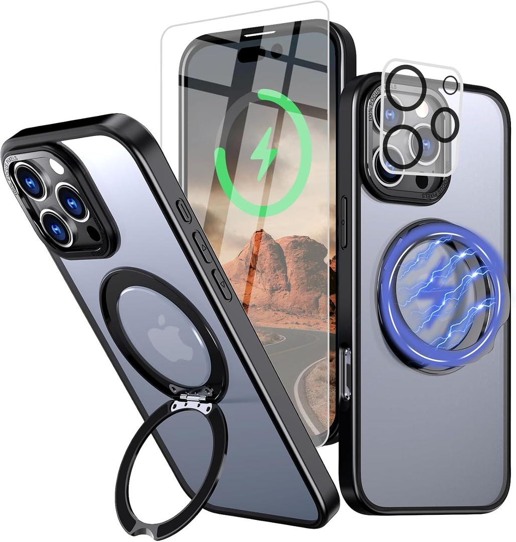 for iPhone 16 Pro Max Case with Screen Protector & Lens Protector [15 FT Military Drop Protection] Magnetic Kickstand Compatible with MagSafe Slim Translucent Case (Black)