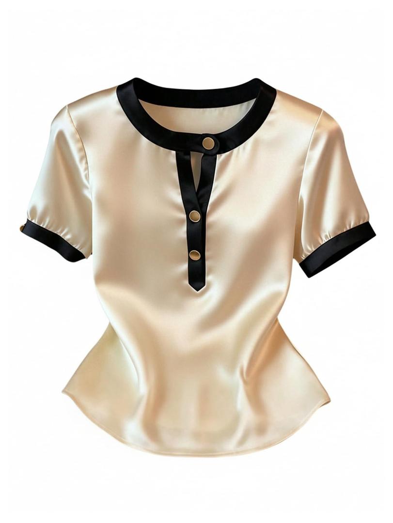 Verdusa Women's Old Money Satin Metal Button Down Blouse Short Sleeve Shirts Summer Tops Apricot Large (Beige, L)