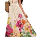 OYOANGLE Women's Floral Sleeveless Boho Maxi Dress Deep V Neck Criss Cross Backless Beach Vacation Sundress Beige X-Large