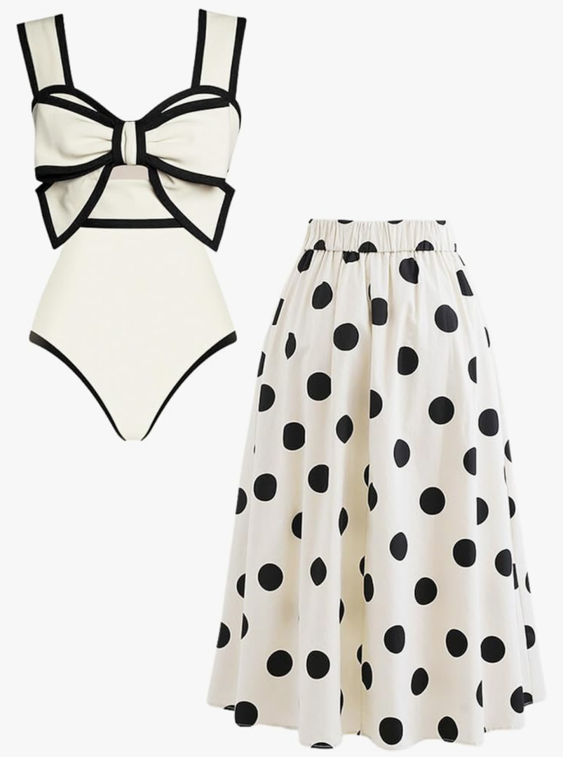 FLAXMAKER Black and White Swimsuit Bow-tie Decor Women's Polka dot Print Skirt One Piece Bathing Suit with Skirt Size M